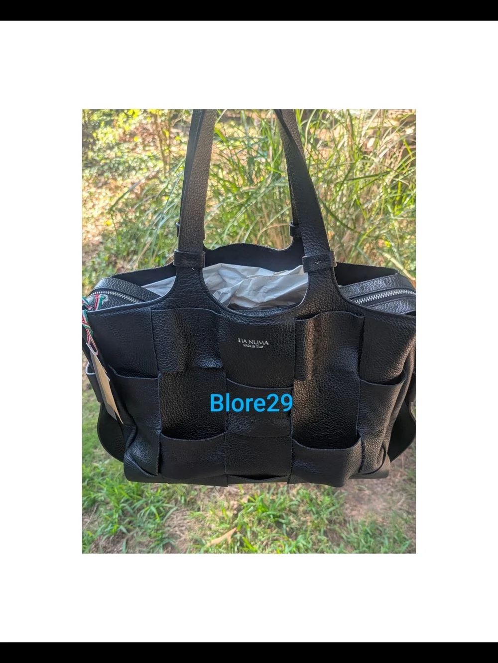LAPTOP BAG Lia Numa pebbled Italian calfskin leather woven tote.